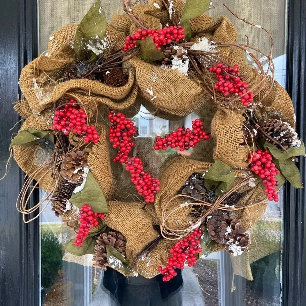 Woodland Christmas Wreath with Pinecones Burlap Twine Faux Berries FARMHOUSE 20”